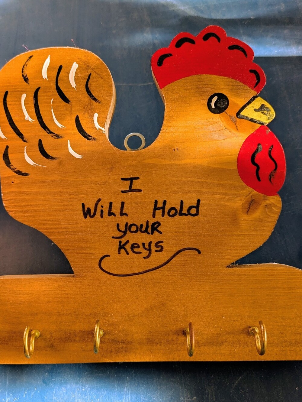 Key Holder Hand Painted Chicken Wall Decor 4 Brass Hooks 8 x 7 5/8
